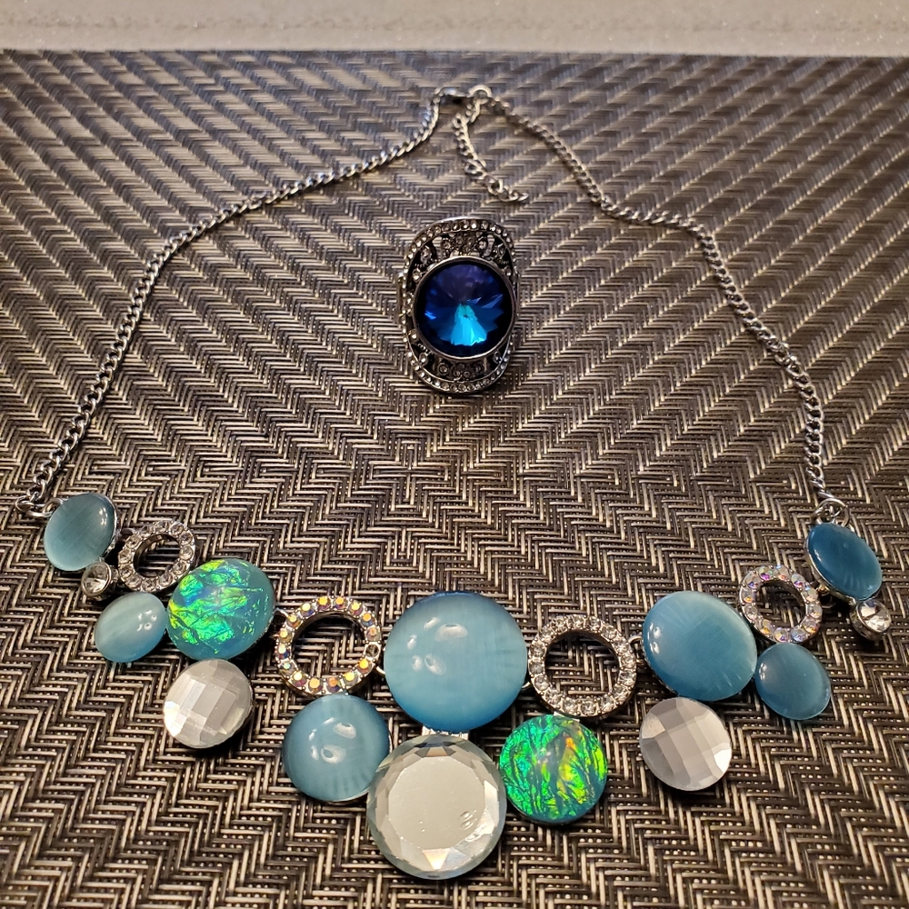 Paparazzi Costume Blue Silver Necklace and Ring